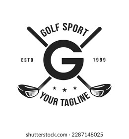 Sleek and stylish design for a golf merchandise company that features the letter G positioned between two golf clubs. Vintage retro design, golf tournament