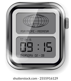 A sleek and stylish smartwatch face featuring a monochrome digital display with time, date, and alarm information