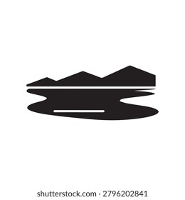 A sleek, stylized black silhouette of a mountain range with a horizontal water body beneath, featuring subtle reflection lines and minimalistic shading. The composition is clean and modern, emphasizin.