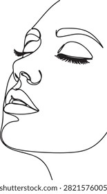 A sleek, stylized black and white line drawing of an abstract face in profile with expressive details and an isolated eye.