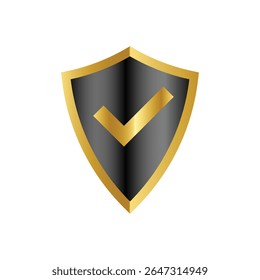 A sleek, stylized shield dominates the composition, presented against a stark white background. 