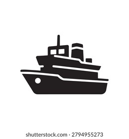 A sleek, stylized silhouette of a modern passenger ferry depicted in bold black against a plain light background. The vessel features multiple decks, a prominent bridge, and a minimalist design emphas.