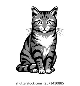 A sleek tabby cat sits gracefully with a curious and alert expression. The cat's fur is striped in shades of gray, giving it a classic and elegant look.