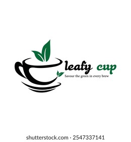 Un elegante logotipo de taza de té con hojas verdes, que representa la naturaleza, la frescura y el atractivo orgánico, ideaL para marcas ecológicas.