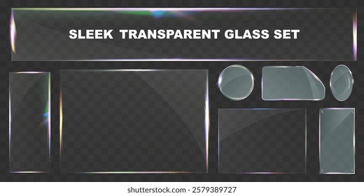 Sleek transparent glass pane set with various shapes, including rectangular, circular, and custom cuts. Modern light reflections and subtle rainbow effects, ideal for UI design, web elements, banners,