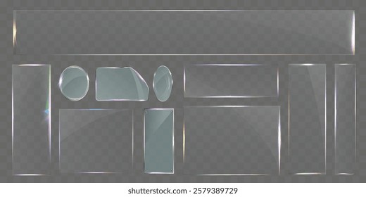 Sleek transparent glass pane set with various shapes, including rectangular, circular, and custom cuts. Modern light reflections and subtle rainbow effects, ideal for UI design, web elements, banners,