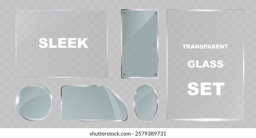 Sleek transparent glass pane set with various shapes, including rectangular, circular, and custom cuts. Modern light reflections and subtle rainbow effects, ideal for UI design, web elements, banners,