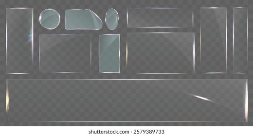 Sleek transparent glass pane set with various shapes, including rectangular, circular, and custom cuts. Modern light reflections and subtle rainbow effects, ideal for UI design, web elements, banners,