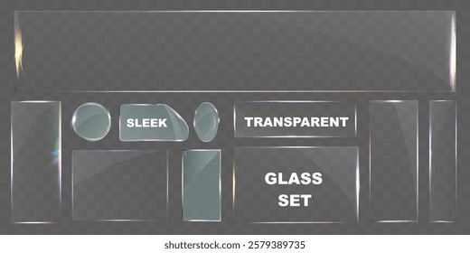 Sleek transparent glass pane set with various shapes, including rectangular, circular, and custom cuts. Modern light reflections and subtle rainbow effects, ideal for UI design, web elements, banners,