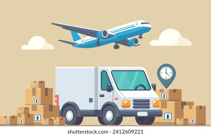 A sleek transport van, stands ready for action, symbolizing reliability and speed. Neatly stacked carton boxes promise a payload of diverse cargo. Vector illustration