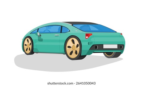 Sleek turquoise cartoon style car. With gold wheels is shown from a rear three quarter view on a white background. It has tinted windows and a dark roof suggesting a modern sporty design.