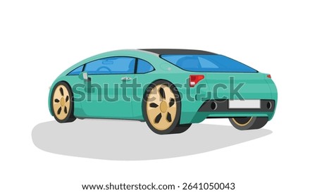 Sleek turquoise cartoon style car. With gold wheels is shown from a rear three quarter view on a white background. It has tinted windows and a dark roof suggesting a modern sporty design.