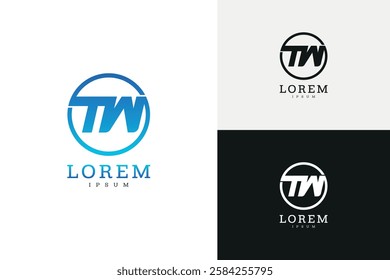 Sleek TW logo enclosed in a circular frame, featuring bold, modern typography. Ideal for branding, corporate identity, or tech companies. Presented in multiple color variations.