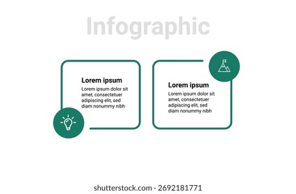 Elegante, zweistufige Infografik mit Symbolen für Geschäftsentwicklung, Berichtsvorbereitung, Marketing-Layouts und visuelle Datenanzeige