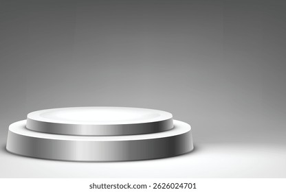Sleek two-tiered white podium with metallic edges, featuring a minimalist design ideal for awards, product displays, or professional event branding. Perfect for corporate, retail, or upscale presentat