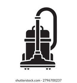 A sleek, upright vacuum cleaner depicted in a high-contrast black silhouette. The design includes a tall, cylindrical body, a retractable hose, and a wide base with wheels for easy maneuverability. Th.
