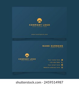 Sleek and upscale vector business card template featuring a sophisticated blue and gold color scheme.