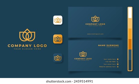 Sleek and upscale vector business card template featuring a sophisticated blue and gold color scheme.