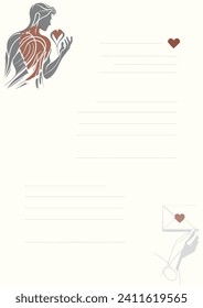 Sleek Valentine's Day card template with abstract line art of a man, hearts, and space for a love note.