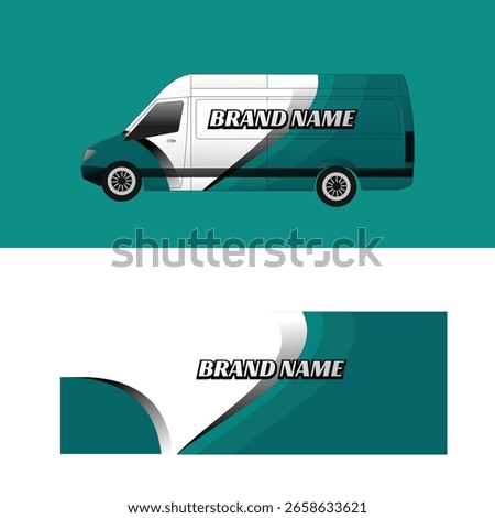 Sleek van livery vector design with smooth wave elements in teal, white, and black colors. Ideal for commercial vehicle wraps