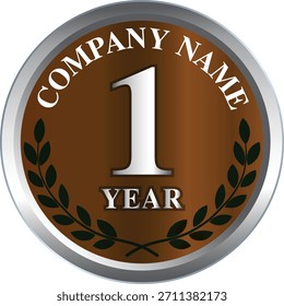 Una elegante insignia de Vector que celebra un hito de un año, con acentos metálicos, ramas de laurel y tipografía audaz.