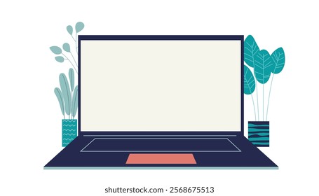 A sleek vector design featuring a minimalist laptop surrounded by potted indoor plants. The composition highlights a clean workspace aesthetic with simple shapes and soft, soothing colors.