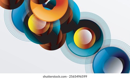 Sleek vector design with overlapping circles in vibrant colors and smooth gradients. Dynamic composition with depth, symmetry, and minimalistic elegance on a light background