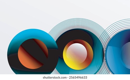 Sleek vector design with overlapping circles in vibrant colors and smooth gradients. Dynamic composition with depth, symmetry, and minimalistic elegance on a light background