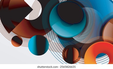 Sleek vector design with overlapping circles in vibrant colors and smooth gradients. Dynamic composition with depth, symmetry, and minimalistic elegance on a light background