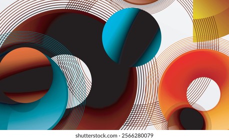 Sleek vector design with overlapping circles in vibrant colors and smooth gradients. Dynamic composition with depth, symmetry, and minimalistic elegance on a light background