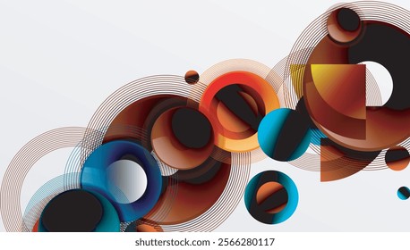 Sleek vector design with overlapping circles in vibrant colors and smooth gradients. Dynamic composition with depth, symmetry, and minimalistic elegance on a light background