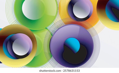 Sleek vector design with overlapping circles in vibrant colors and smooth gradients. Dynamic composition with depth, symmetry, and minimalistic elegance on a light background