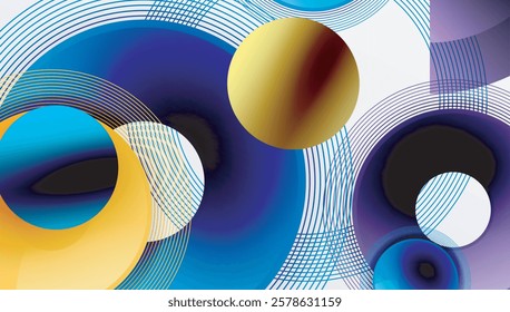 Sleek vector design with overlapping circles in vibrant colors and smooth gradients. Dynamic composition with depth, symmetry, and minimalistic elegance on a light background