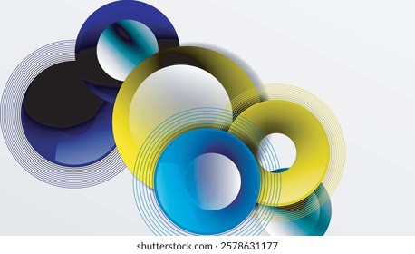 Sleek vector design with overlapping circles in vibrant colors and smooth gradients. Dynamic composition with depth, symmetry, and minimalistic elegance on a light background