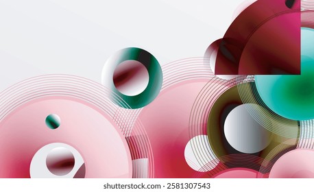 Sleek vector design with overlapping circles in vibrant colors and smooth gradients. Dynamic composition with depth, symmetry, and minimalistic elegance on a light background