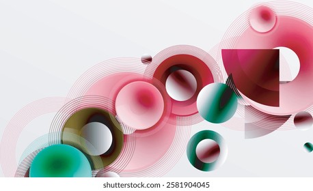 Sleek vector design with overlapping circles in vibrant colors and smooth gradients. Dynamic composition with depth, symmetry, and minimalistic elegance on a light background