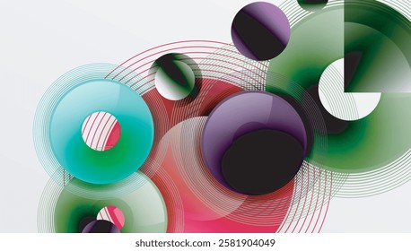 Sleek vector design with overlapping circles in vibrant colors and smooth gradients. Dynamic composition with depth, symmetry, and minimalistic elegance on a light background