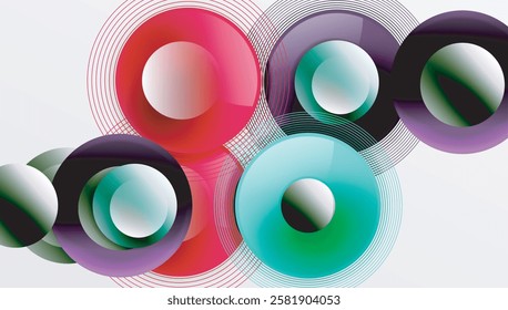 Sleek vector design with overlapping circles in vibrant colors and smooth gradients. Dynamic composition with depth, symmetry, and minimalistic elegance on a light background