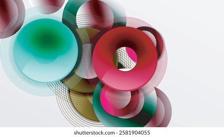 Sleek vector design with overlapping circles in vibrant colors and smooth gradients. Dynamic composition with depth, symmetry, and minimalistic elegance on a light background