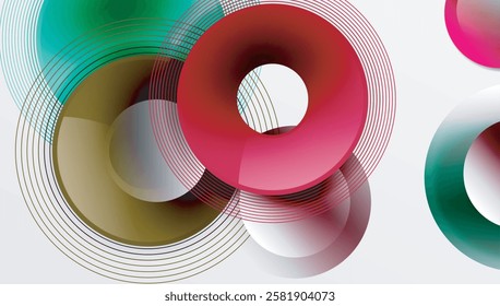 Sleek vector design with overlapping circles in vibrant colors and smooth gradients. Dynamic composition with depth, symmetry, and minimalistic elegance on a light background