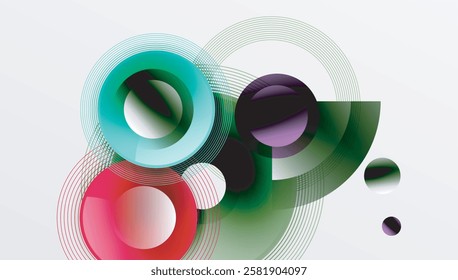 Sleek vector design with overlapping circles in vibrant colors and smooth gradients. Dynamic composition with depth, symmetry, and minimalistic elegance on a light background