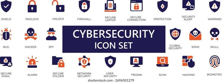Eine elegante Vektorsymbol-Sammlung, die Cybersicherheitselemente wie Firewalls, Vorhängeschlösser, Hacker-Warnungen und sichere Verbindungen hervorhebt. Ideal für Technik, IT-Sicherheit und Online-Visualisierung der Privatsphäre