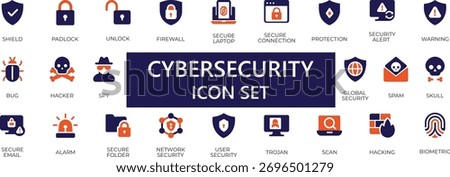 A sleek vector icon collection highlighting cybersecurity elements like firewalls, padlocks, hacking alerts, and secure connections. Ideal for tech, IT security, and online privacy visuals