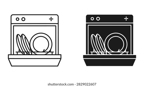 A sleek vector icon depicting a modern dishwasher appliance with an open door and dish rack. This professional graphic is ideal for interior design kitchen renovation websites and home appliance retail branding.