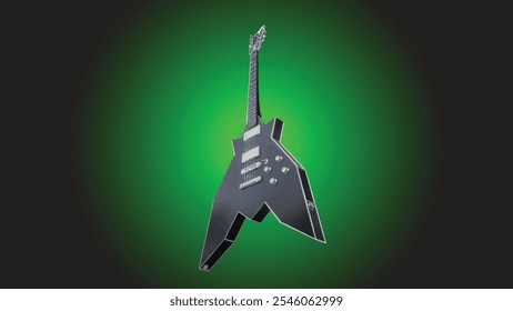 Una elegante Ilustración vectorial de una guitarra de metal negro sobre un llamativo fondo degradado verde-negro. Perfecto para diseños con temas musicales, pósters de conciertos, portadas de álbumes o proyectos de arte digital.