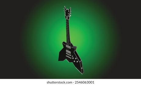 A sleek vector illustration of a black metal guitar set against a striking green-black gradient background. Perfect for music-themed designs, concert posters, album covers, or digital art projects.
