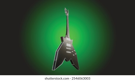 Una elegante Ilustración vectorial de una guitarra de metal negro sobre un llamativo fondo degradado verde-negro. Perfecto para diseños con temas musicales, pósters de conciertos, portadas de álbumes o proyectos de arte digital.