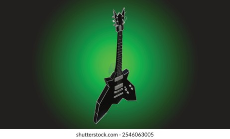 Uma ilustração vetorial elegante de uma guitarra de black metal colocada contra um impressionante fundo de gradiente verde-preto. Perfeito para designs com temas musicais, cartazes de concertos, capas de álbuns ou projetos de arte digital.