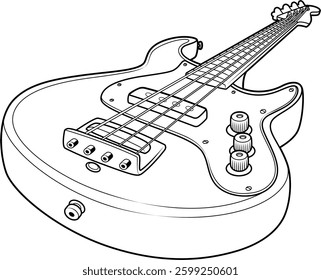 A sleek vector illustration of an electric bass guitar, highlighting its contoured body, pickups, control knobs, and strings in precise detail, perfect for music and design enthusiasts