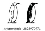 A sleek vector illustration of an emperor penguin standing tall depicted in both an outline and a solid silhouette version. This iconic bird represen